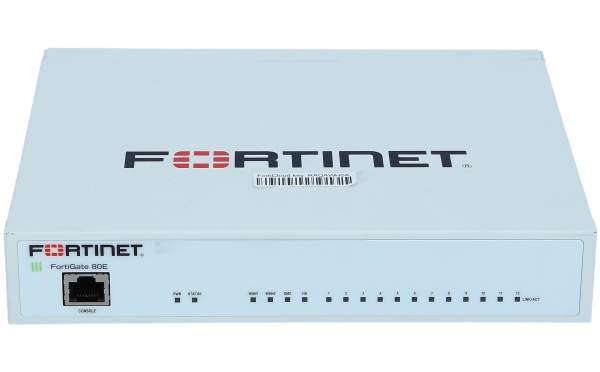 Fortinet - FG-80E - 14 x GE RJ45 ports (including 1 x DMZ port, 1 x Mgmt port, 1 x HA port, 12 x switch ports), 2 x Shared Media pairs (Including 2 x GE RJ45 ports, 2 x SFP slots).