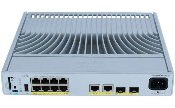 Cisco - C9200CX-8P-2X2G-E - Catalyst 9200CX - Network Essentials - switch - compact - L3 - Managed - 8 x 10/100/1000 (PoE+) + 2 x 1000Base-T + 2 x 10 Gigabit SFP+ (uplink) - rack-mountable - PoE+ (240 W)