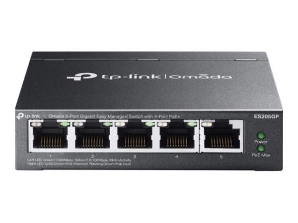 TP-Link - ES205GP - ES205GP V1 - Switch - Managed - 4 x 10/100/1000 (PoE+) + 1 x 10/100/1000 desktop - wall-mountable - PoE+ (65 W)